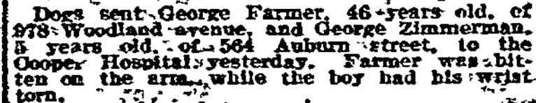 Philadelphia Inquirer, April 9, 1912 — dog bites send two to Cooper Hospital, 564 Auburn Street