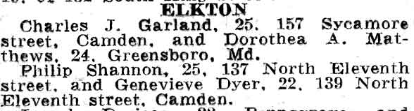 Elkton Marriage Licenses — Shannon and Dyer, Camden Courier-Post, February 22, 1938