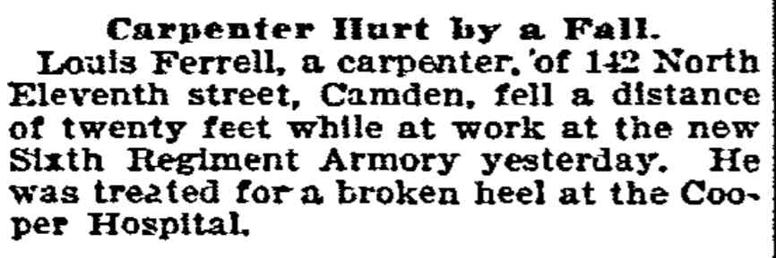 Carpenter Hurt by a Fall, Philadelphia Inquirer, February 14, 1907