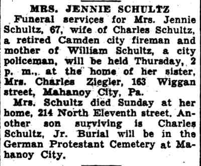 Mrs. Jennie Schultz obituary, Camden Courier-Post, July 14, 1936