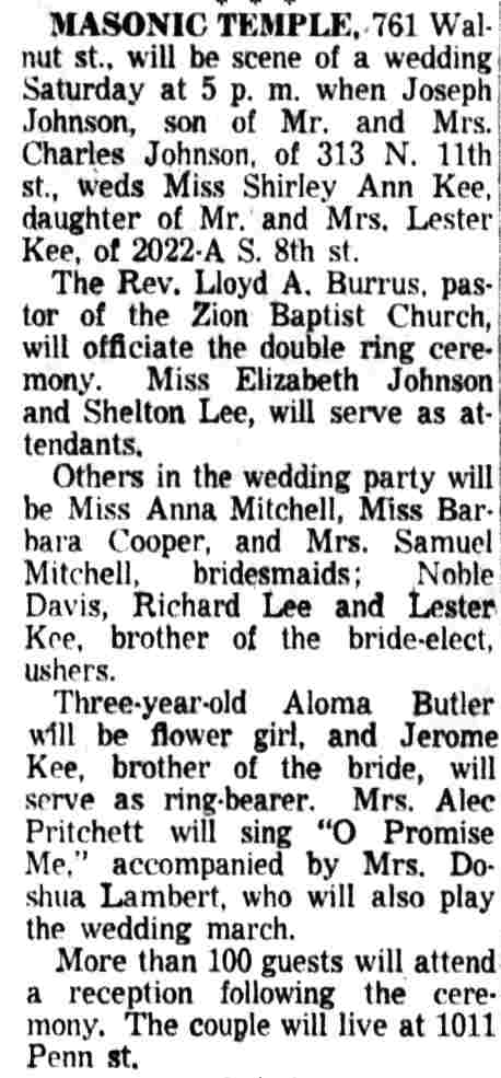 Johnson-Kee wedding announcement, Camden Courier-Post, October 7, 1953