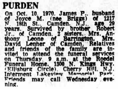 Purden obituary — Camden Courier-Post, October 1970