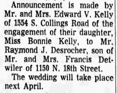 Kelly-Desrocher engagement announcement — Camden Courier-Post, May 11, 1966