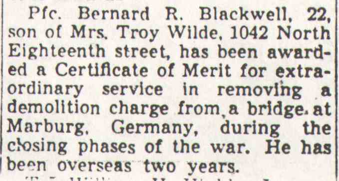 Pfc. Bernard R. Blackwell awarded Certificate of Merit — Camden Courier-Post, August 30, 1945