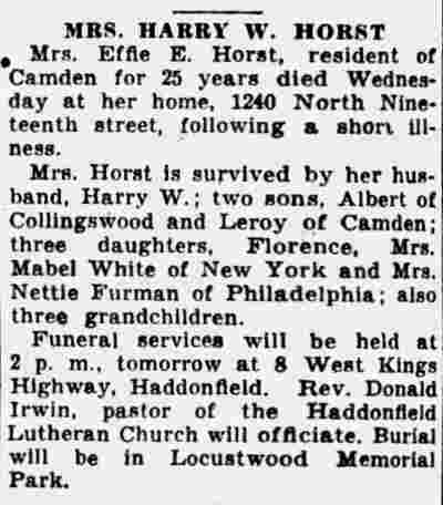 Mrs. Harry W. Horst obituary — Camden Courier-Post, April 23, 1937