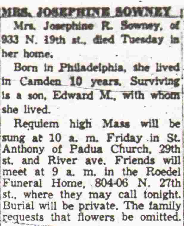 Mrs. Josephine Sowney obituary — Camden Courier-Post, December 26, 1957