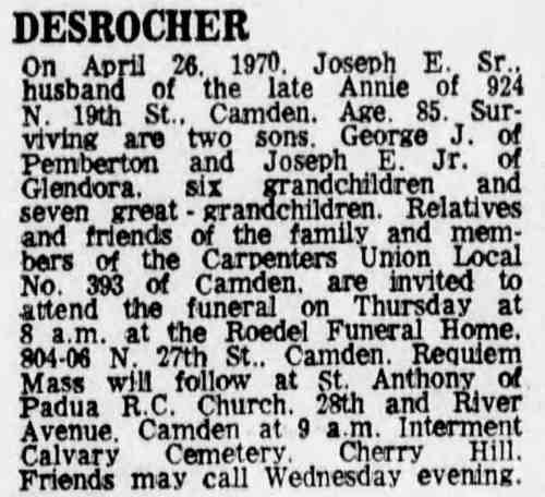 Desrocher obituary — Camden Courier-Post, April 27, 1970