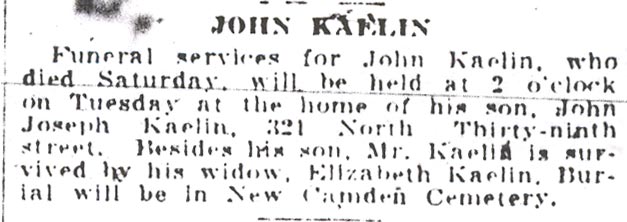 John Kaelin obituary notice, Camden Courier-Post, February 2, 1931
