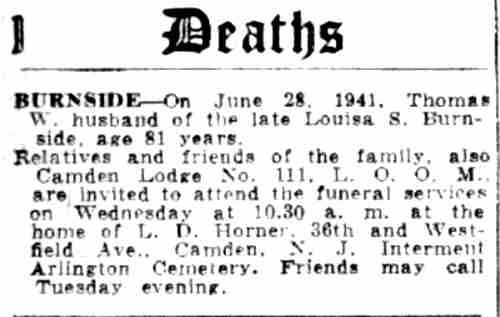 Thomas W. Burnside death notice — Camden Courier-Post, July 1, 1941