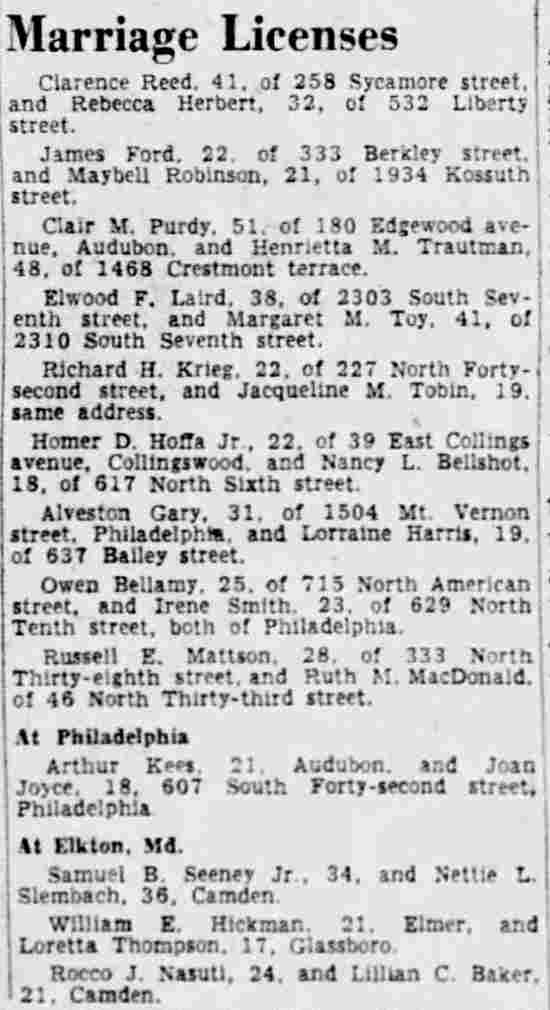 Marriage Licenses — Camden Courier-Post, November 17, 1949