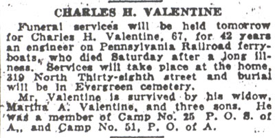 Charles H. Valentine funeral notice — Camden Courier-Post, April 14, 1930