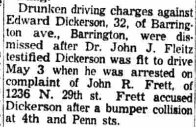 Drunk driving charges dismissed — Camden Courier-Post, May 20, 1955