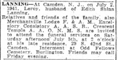 Leroy Lanning death notice — Camden Courier-Post, July 4, 1941