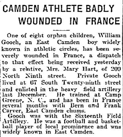Camden Athlete Badly Wounded in France — Philadelphia Inquirer, September 24, 1918