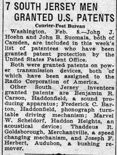 7 South Jersey Men Granted U.S. Patents — Camden Courier-Post, February 11, 1938