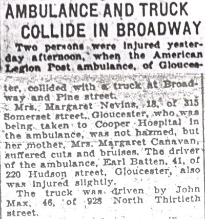 Ambulance and Truck Collide in Broadway — Camden Courier-Post, February 4, 1931