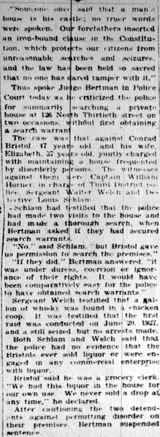 Bertman Criticizes Raid Minus Warrant — Camden Courier-Post, February 21, 1928
