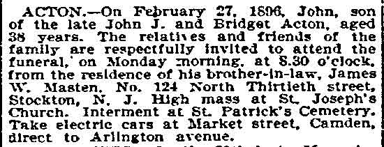 John Acton death notice — Philadelphia Inquirer, March 1, 1896