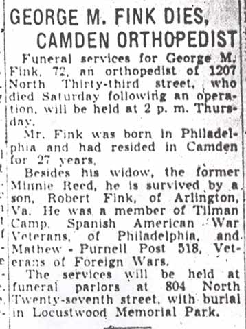 George M. Fink obituary — Camden Courier-Post, December 26, 1939
