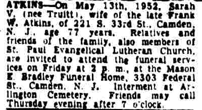Sarah V. Atkins death notice — Camden Courier-Post, May 14, 1952