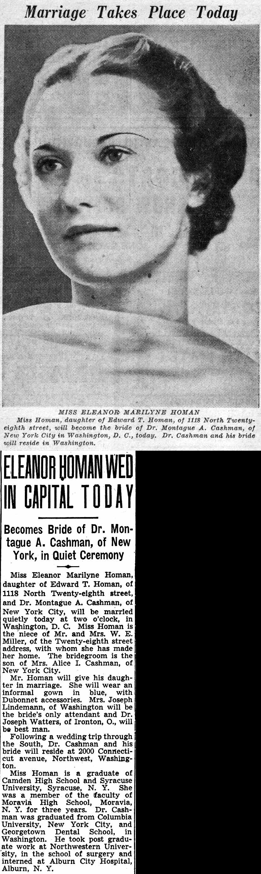 Miss Eleanor Marilyne Homan marriage — Camden Courier-Post, February 26, 1938