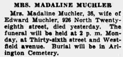 Mrs. Madaline Muchler obituary — Camden Courier-Post, April 23, 1937