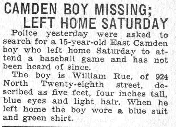 Camden Boy Missing; Left Home Saturday — Camden Courier-Post, June 7, 1932