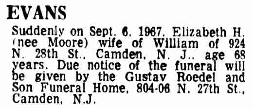 Elizabeth H. Evans death notice — Camden Courier-Post, September 7, 1967