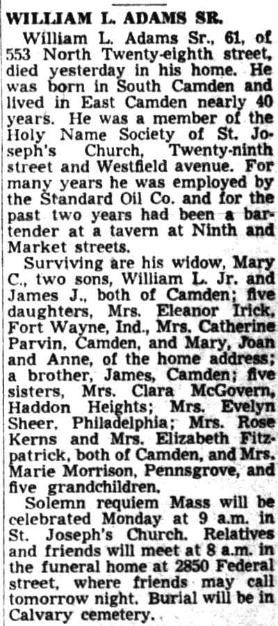 William L. Adams Sr. obituary — Camden Courier-Post, July 9, 1949