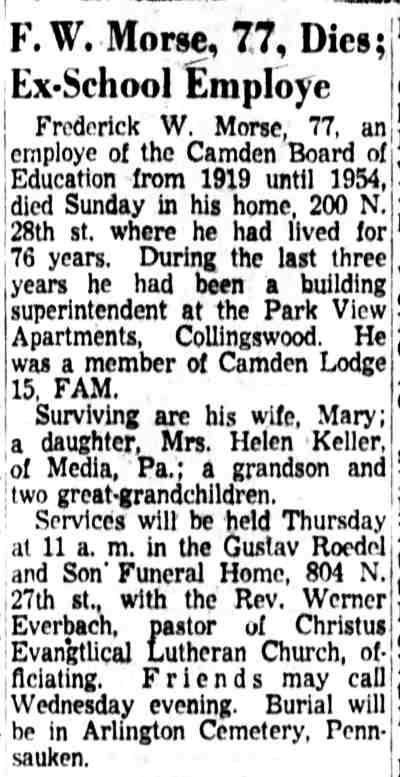 F. W. Morse, 77, Dies; Ex-School Employe — Camden Courier-Post, June 3, 1957