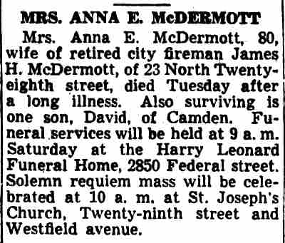 Obituary for Mrs. Anna E. McDermott, Camden Courier-Post, October 7, 1943