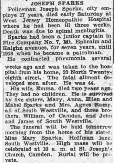 Obituary for Policeman Joseph Sparks, Camden Courier-Post, 1928