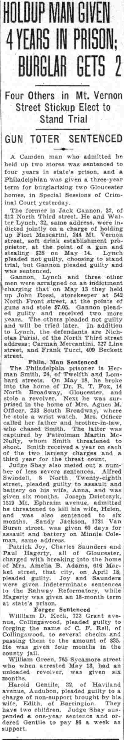 Holdup Man Given 4 Years in Prison; Burglar Gets 2, Camden Courier-Post, June 2, 1932