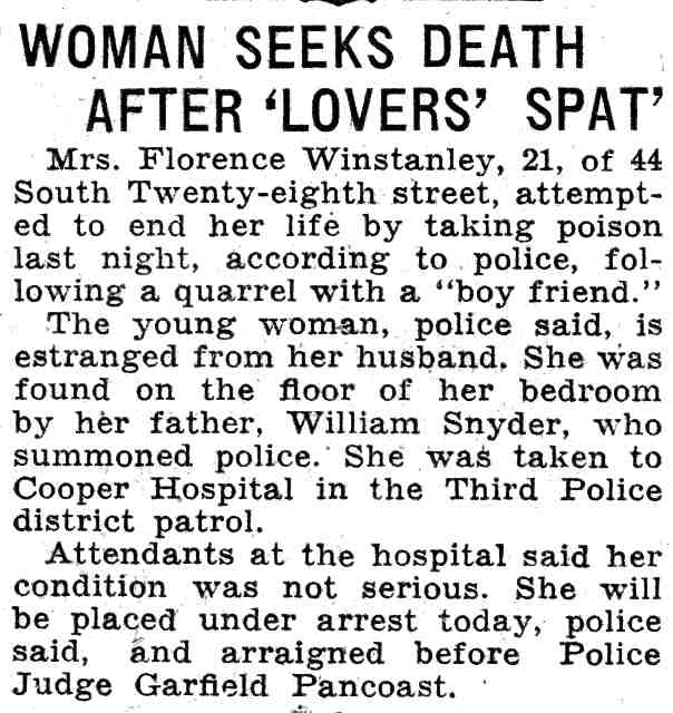 Woman Seeks Death After Lovers Spat, Camden Courier-Post, June 18, 1932