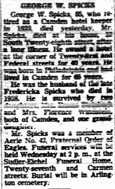 Obituary for George W. Spicks, Camden Courier-Post, January 6, 1947