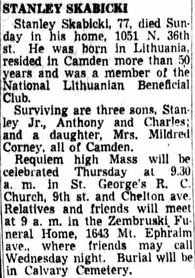Obituary for Stanley Skabicki, Camden Courier-Post, July 6, 1953