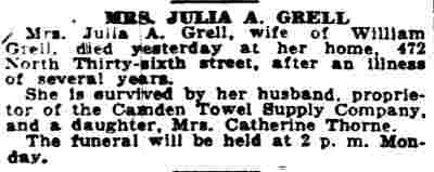 Obituary for Mrs. Julia A. Grell, Camden Courier-Post, January 6, 1933