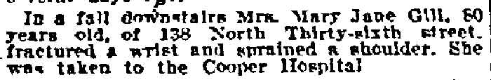 Notice about Mrs. Mary Jane Gill injury, Philadelphia Inquirer, July 30, 1912