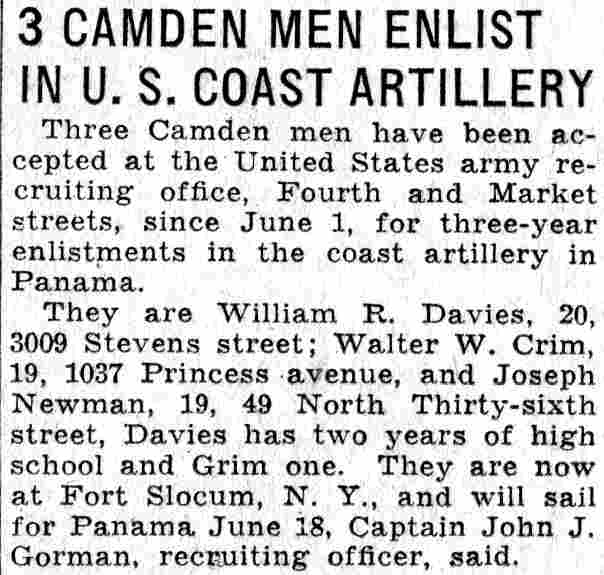 Three Camden men enlist in U.S. Coast Artillery, Camden Courier-Post, June 8, 1932