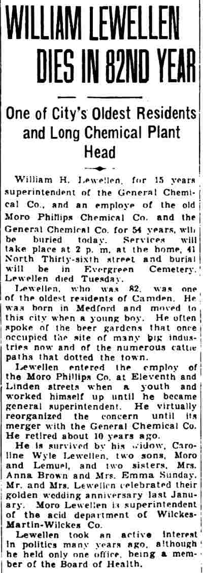 William Lewellen obituary, Camden Courier-Post, May 9, 1930