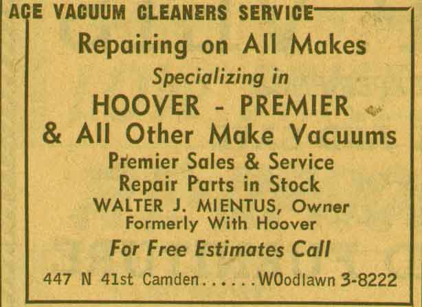 Ace Vacuum Cleaners Service advertisement, 447 North 41st Street, 1955