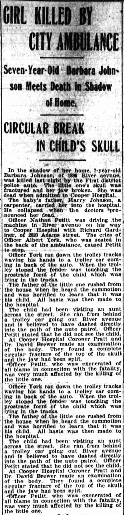 Girl Killed by City Ambulance — Camden Post-Telegram, February 22, 1919