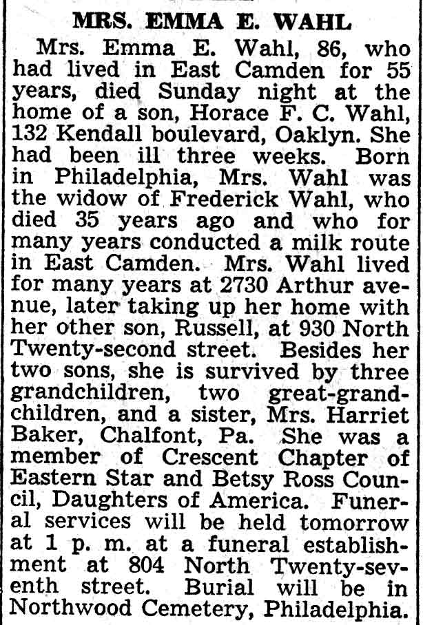 Mrs. Emma E. Wahl obituary — Camden Courier-Post, February 23, 1938