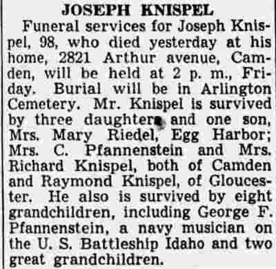 Obituary of Joseph Knispel, 2821 Arthur Avenue — Camden Courier-Post, August 3, 1938