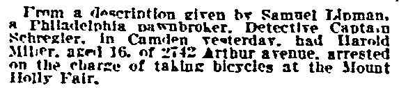 Bicycle Thief Arrested — Harold Miller, 2742 Arthur Avenue — Philadelphia Inquirer, October 16, 1914
