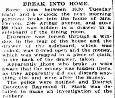 Break Into Home — Mrs. Penven, 2746 Arthur Avenue — Camden Post-Telegram, September 13, 1923