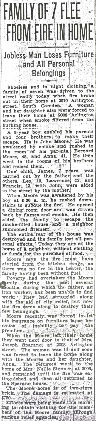 Family of 7 Flee From Fire in Home — 2010 Arlington Street — Camden Courier-Post, March 11, 1932