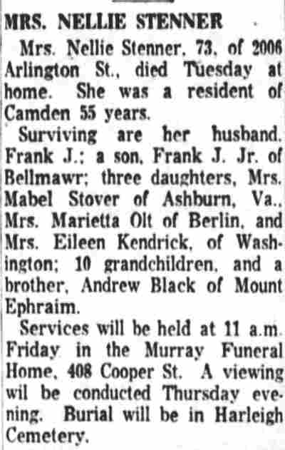 Mrs. Nellie Stenner obituary, Camden Courier-Post, November 16, 1960