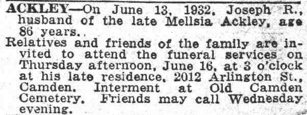 Joseph R. Ackley death notice, Camden Courier-Post, June 16, 1932