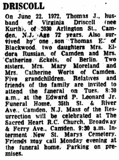 Thomas J. Driscoll death notice, Camden Courier-Post, June 22, 1972